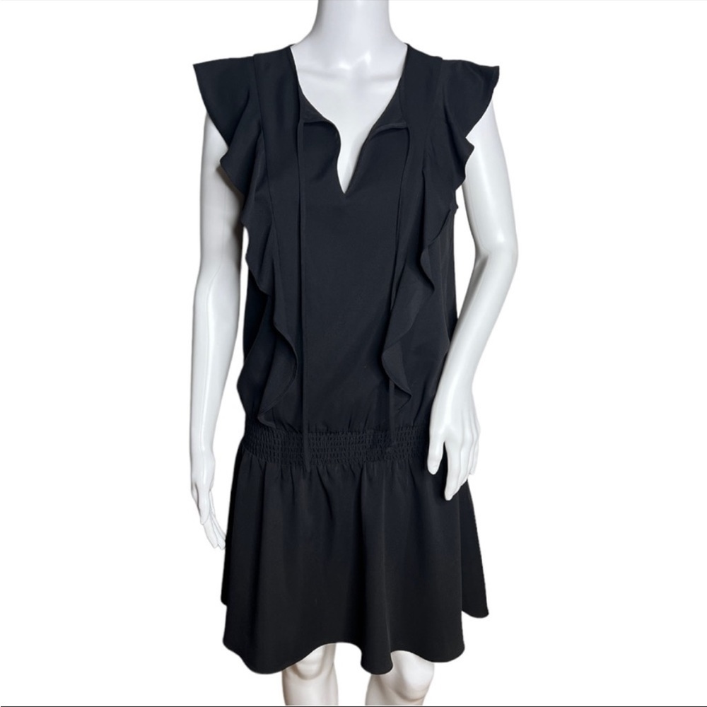 Amanda Uprichard Smocked Waist V Neck Dress with Ruffle Detail
